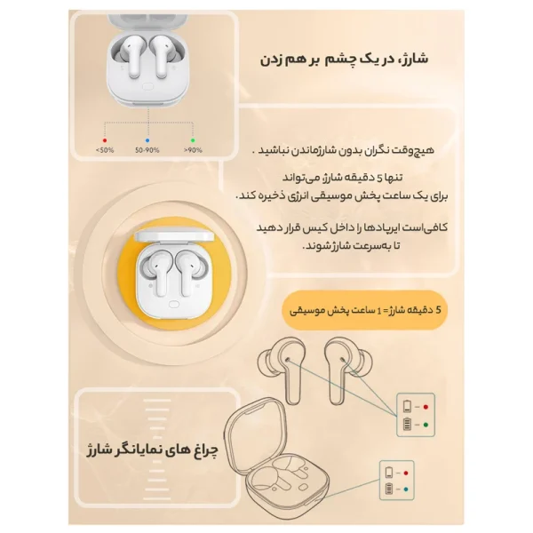 هدفون بلوتوثی کیو سی وای مدل T13 TWS با نویز کنسلینگ میکروفون (ENC)، درگاه شارژ USB Type-C، دارای میکروفون دوگانه، دارای قابلیت جداسازی صدا، مقاوم در برابر رطوبت و عرق - Image 8