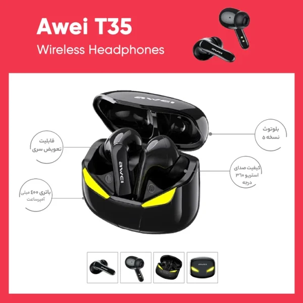 هدفون بلوتوثی اوی T35 با نویز کنسلینگ فعال (ANC)، درگاه شارژ USB Type-C، دارای نمایشگر روی محفظه شارژ، مقاوم در برابر رطوبت و عرق - Image 4